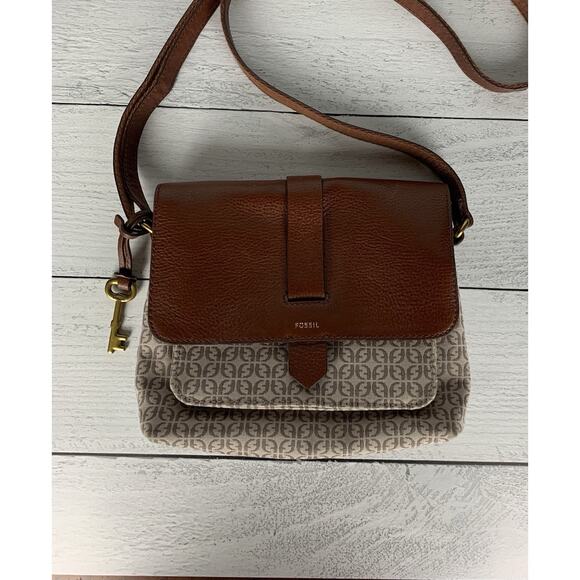 Fossil Women's Brown Leather Printed Fabric Crossbody Cute Shoulder Bag Purse - Picture 2 of 15